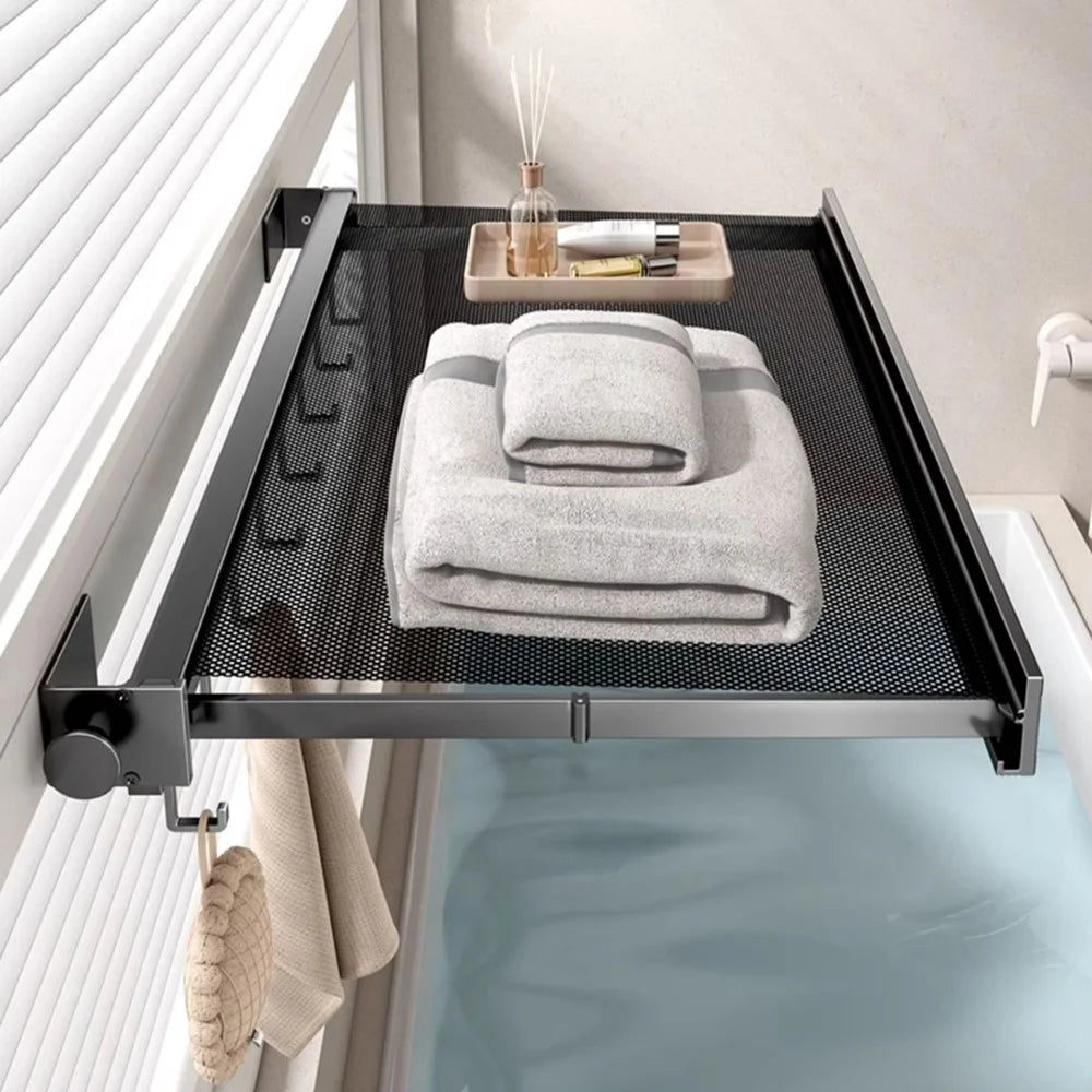 45cm Retractable Clothes Drying Rack Nail Free Folding Laundry Hanger with 6 Hooks for Balcony Bathroom - White - 2