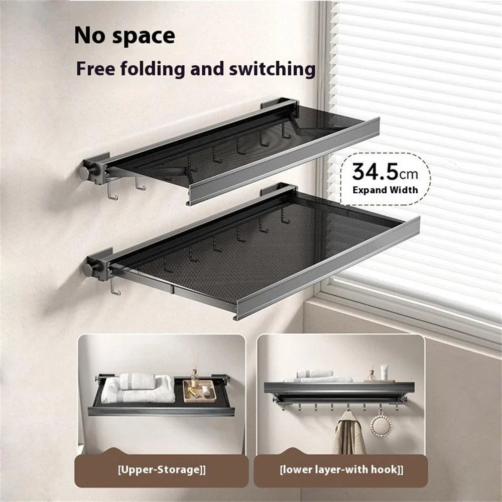 45cm Retractable Clothes Drying Rack Nail Free Folding Laundry Hanger with 6 Hooks for Balcony Bathroom - White - 3
