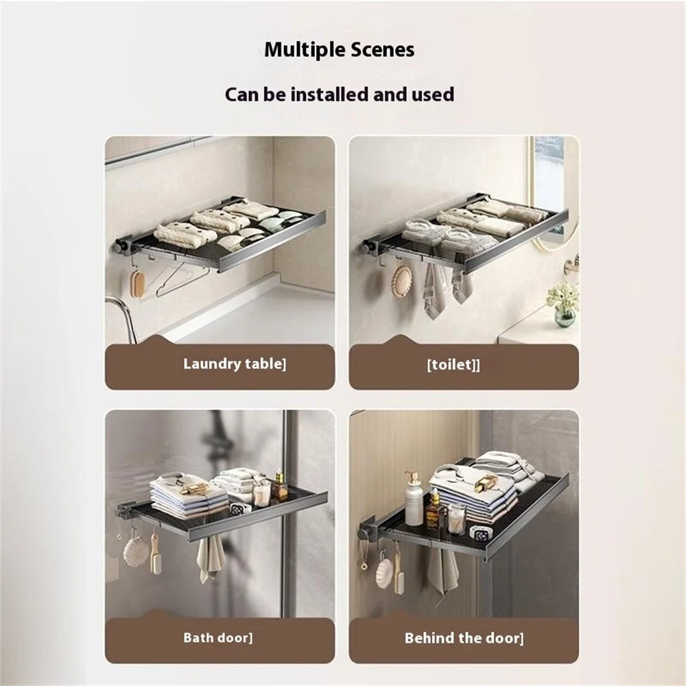 45cm Retractable Clothes Drying Rack Nail Free Folding Laundry Hanger with 6 Hooks for Balcony Bathroom - White - 6