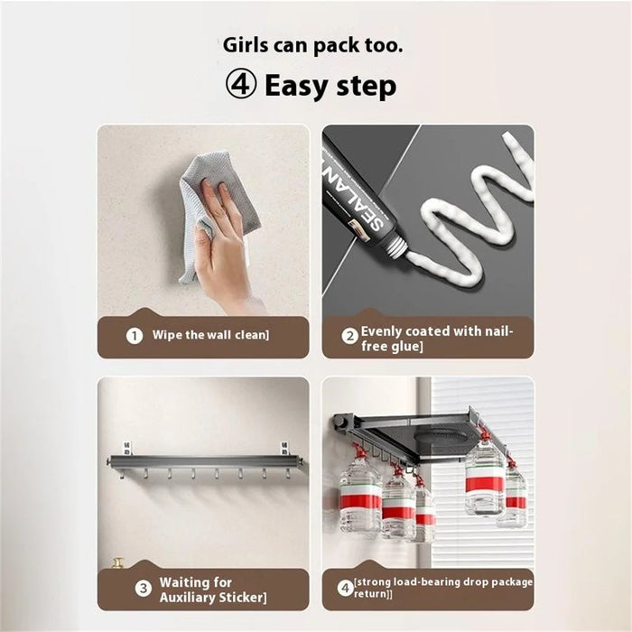 60cm Retractable Clothes Drying Rack Nail Free Folding Laundry Hanger with 8 Hooks for Balcony Bathroom - Tarnish - 5