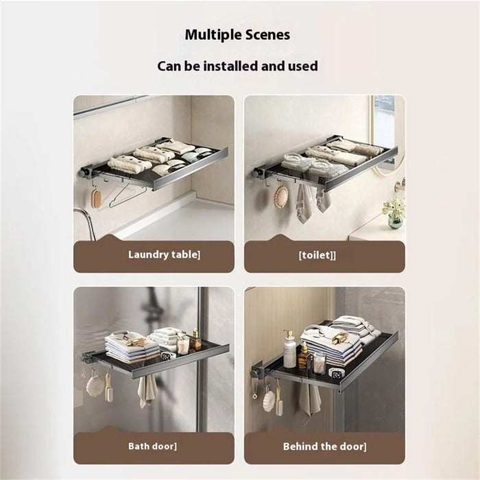 60cm Retractable Clothes Drying Rack Nail Free Folding Laundry Hanger with 8 Hooks for Balcony Bathroom - Tarnish - 6