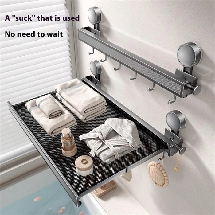 60cm Retractable Towel Rack Bathroom Suction Cup Mount Foldable Shelf with 8 Hooks - 2