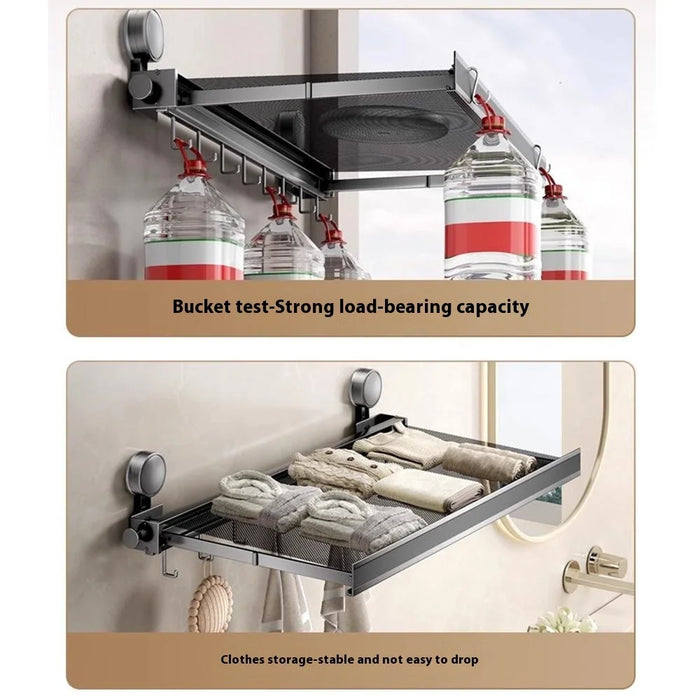 60cm Retractable Towel Rack Bathroom Suction Cup Mount Foldable Shelf with 8 Hooks - 5