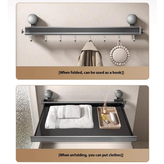 60cm Retractable Towel Rack Bathroom Suction Cup Mount Foldable Shelf with 8 Hooks - 6