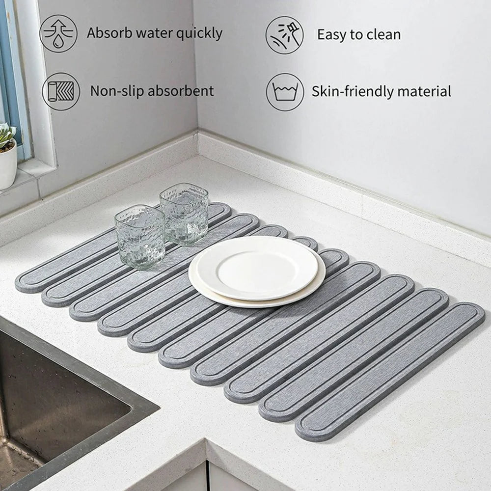 Foldable Oval Strips Diatomite Quick Dry Countertop Mat Water Absorbent Non Slip Insulation Pad - Medium Grey - 2