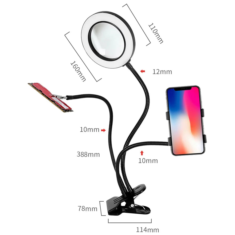 3160A 160mm Illuminating Magnifier 360-degree Rotation 10X Magnification with Fill Light and Phone Clamp - 7