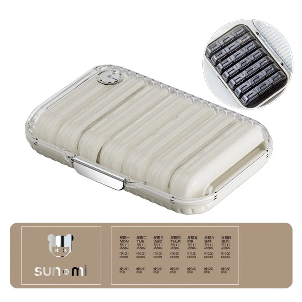 21 Compartments Weekly Pill Organizer Large Capacity Portable Medicine Box Travel Supplement Container - White - 1
