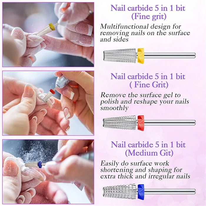 3Pcs Tungsten Steel Nail Drill Bits Set Multi-Function Nail Art Cuticle Removal Polishing Shaping Tool - 6