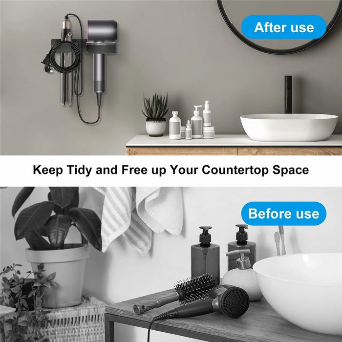 Hair Dryer Holder Wall Mount No Drill Bathroom Organizer for Hairdryer / Straightener / Curling Iron Storage Rack - 3