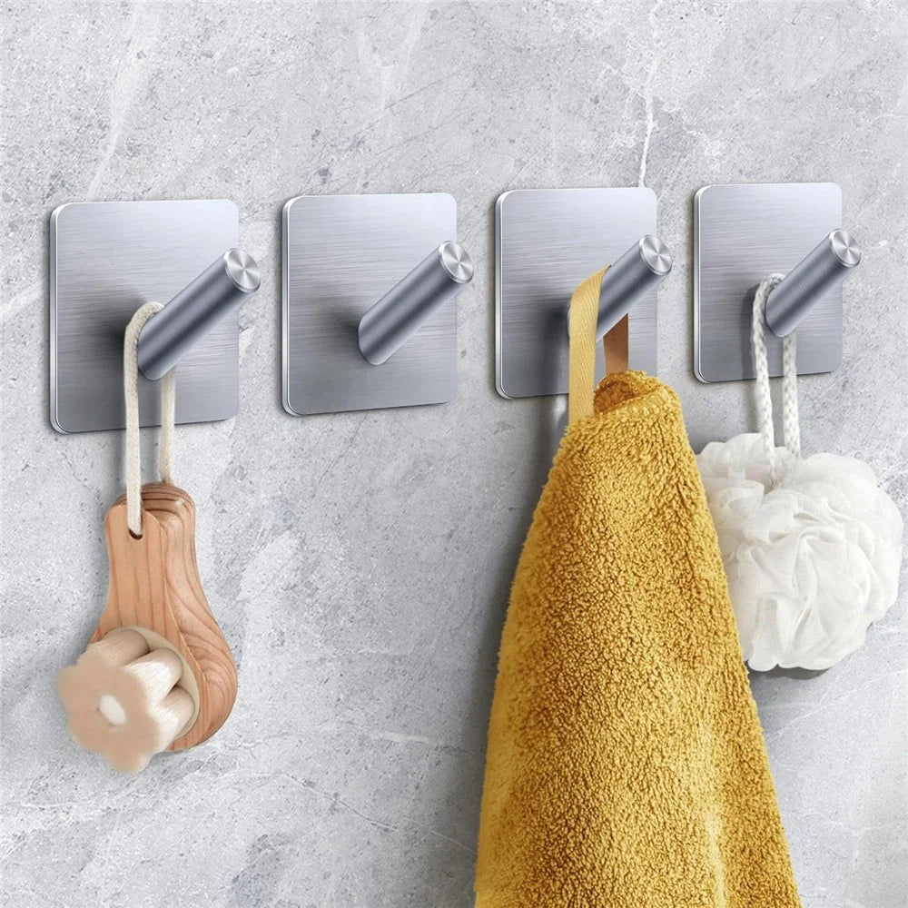 Stainless Steel Adhesive Hook No Drill Square Wall Sticky Hanger for Bathrooms Kitchen Closet - Silver - 2