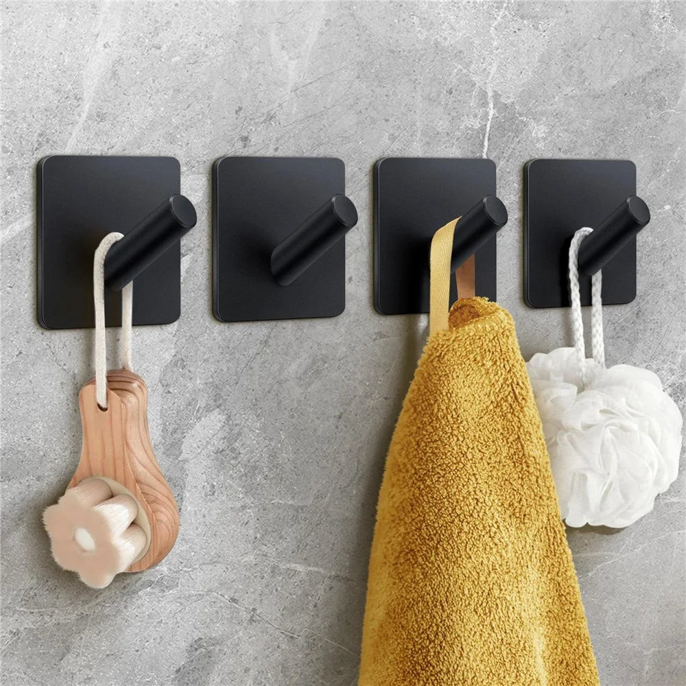 Stainless Steel Adhesive Hook No Drill Square Wall Sticky Hanger for Bathrooms Kitchen Close - Black - 2