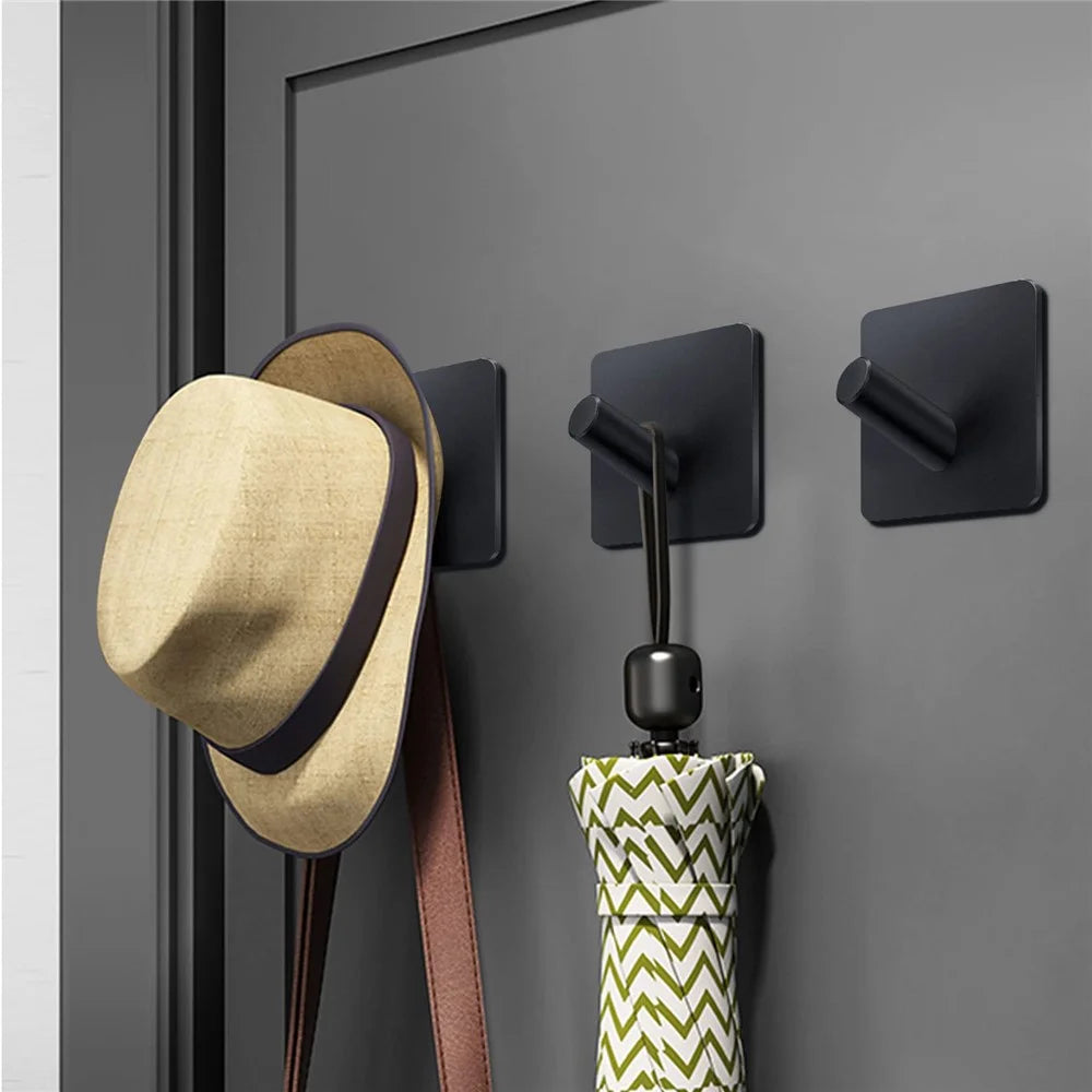 Stainless Steel Adhesive Hook No Drill Square Wall Sticky Hanger for Bathrooms Kitchen Close - Black - 6