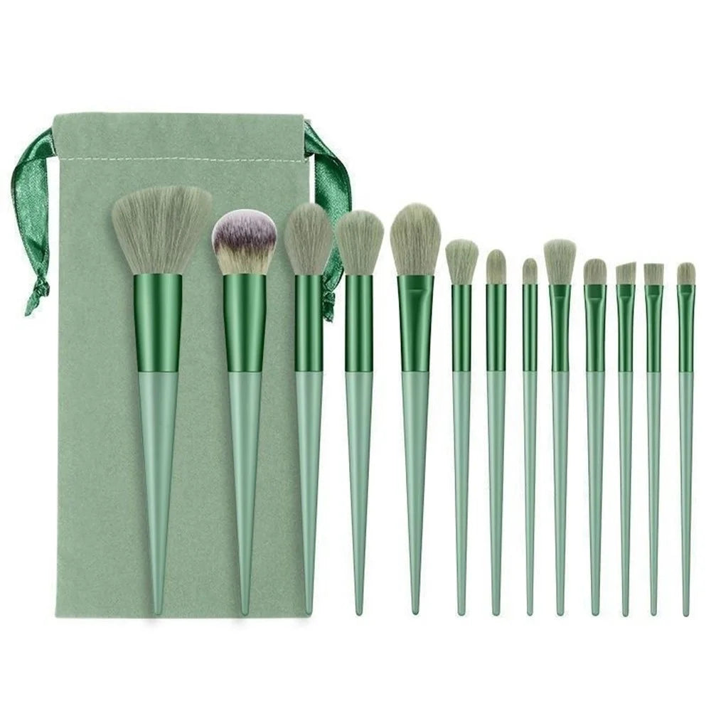 13Pcs Makeup Brush Set Cosmetic Brushes Soft Fiber Foundation / Contour / Blending Tools with Velvet Pouch - Green - 1