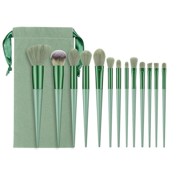13Pcs Makeup Brush Set Cosmetic Brushes Soft Fiber Foundation / Contour / Blending Tools with Velvet Pouch - Green - 1