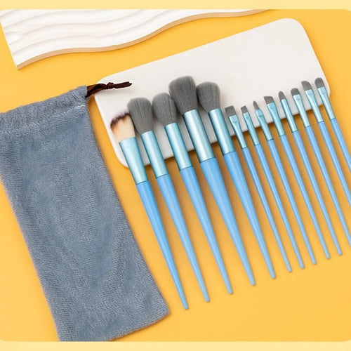 13 PCS Makeup Brush Set All-Season Soft Fiber Foundation Contour Brushes Cosmetic Tools with Velvet Pouch - Blue - 1