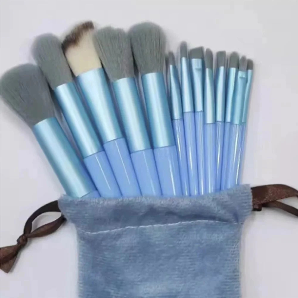 13 PCS Makeup Brush Set All-Season Soft Fiber Foundation Contour Brushes Cosmetic Tools with Velvet Pouch - Blue - 2