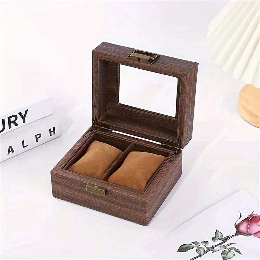 2 Grids Watch Display Box Vintage Wood Grain Jewelry Organizer Box Watch Storage Container - 5