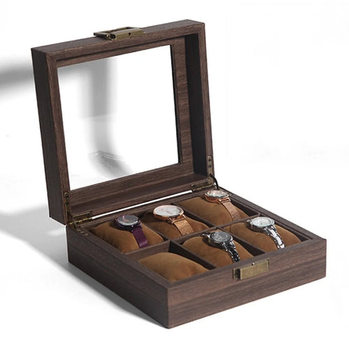 6 Grids Watch Display Box Vintage Wood Grain Jewelry Organizer Box Watch Storage Container - 1