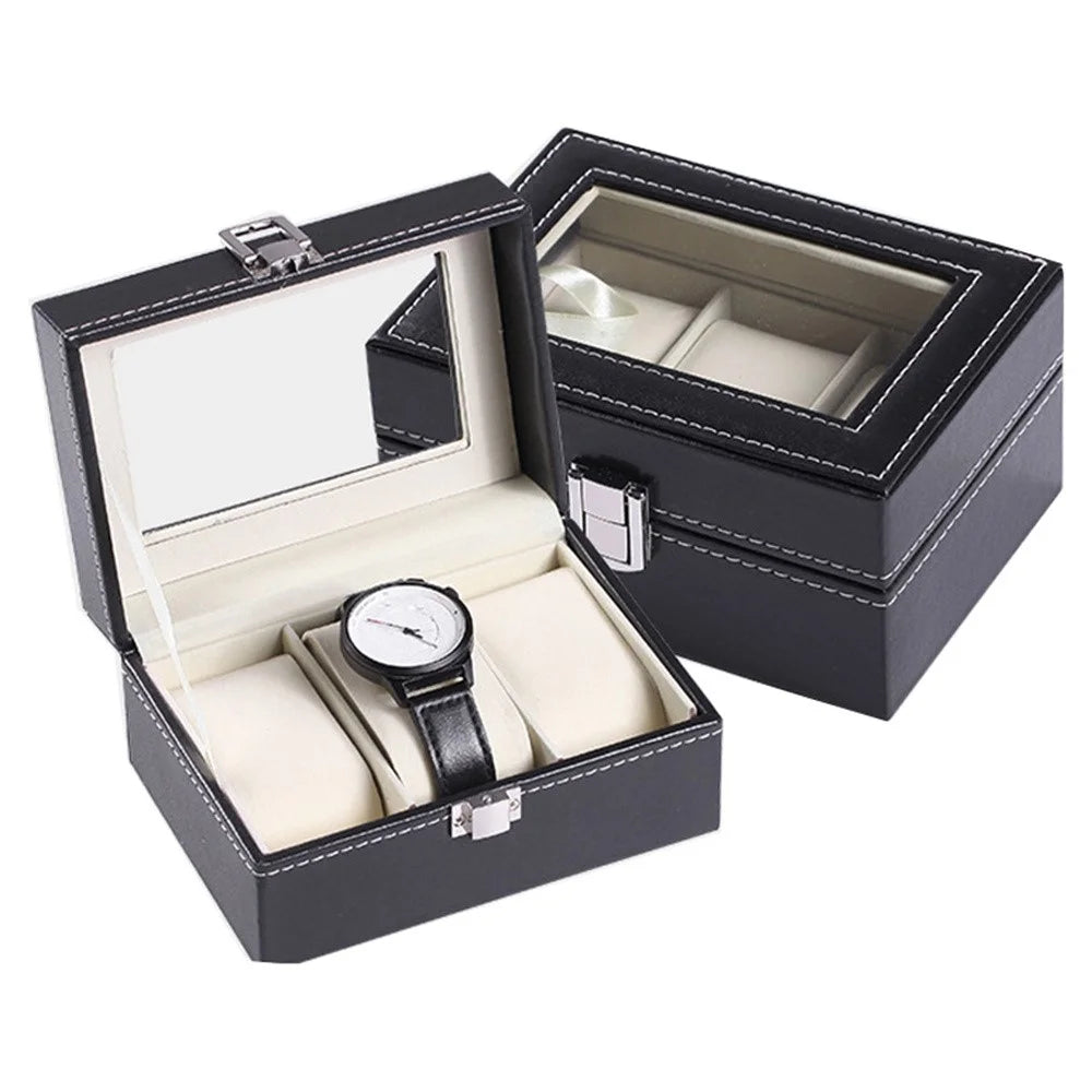 3 Grids PU Leather Watch Box Transparent Glass Window Watch Storage Display Case - 1