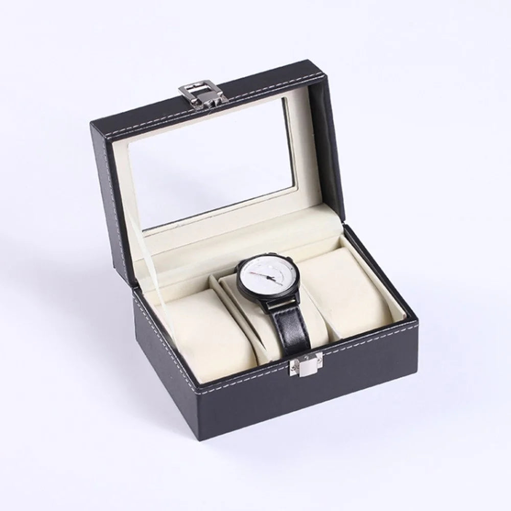 3 Grids PU Leather Watch Box Transparent Glass Window Watch Storage Display Case - 3