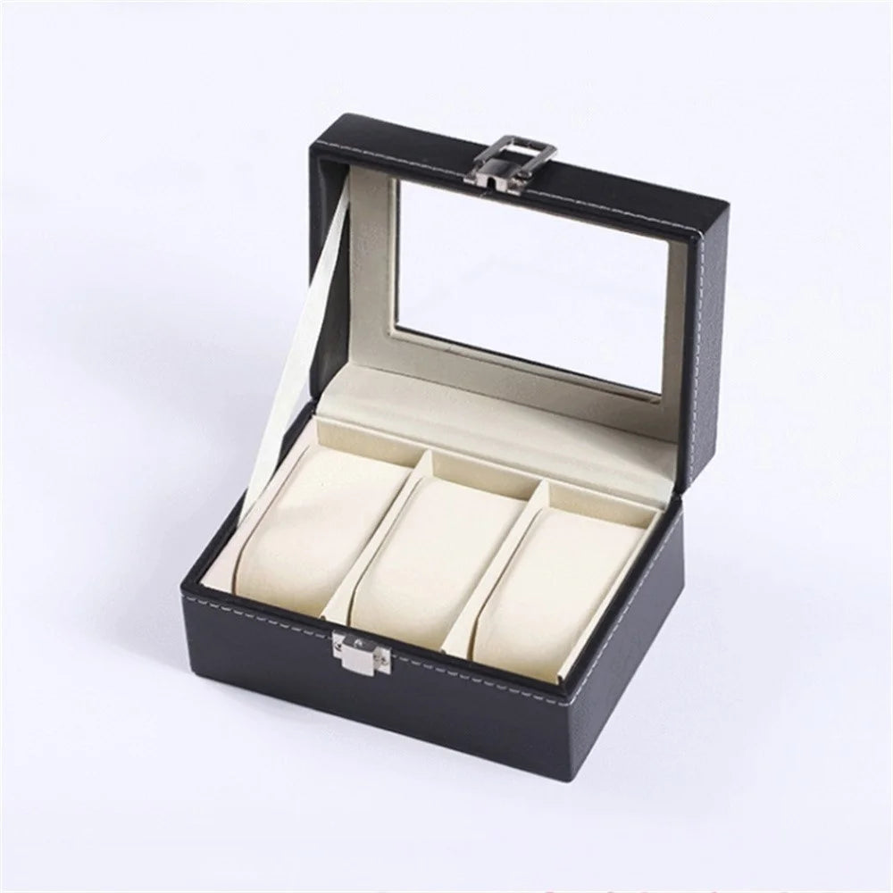 3 Grids PU Leather Watch Box Transparent Glass Window Watch Storage Display Case - 4