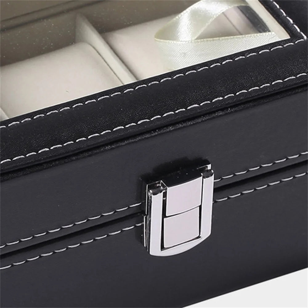 3 Grids PU Leather Watch Box Transparent Glass Window Watch Storage Display Case - 6