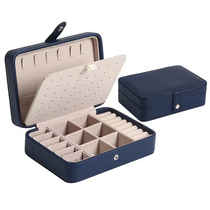 Double Layer Jewelry Box Portable Ring Necklace Earrings Organizer PU Leather Storage Case - Navy Blue - 1