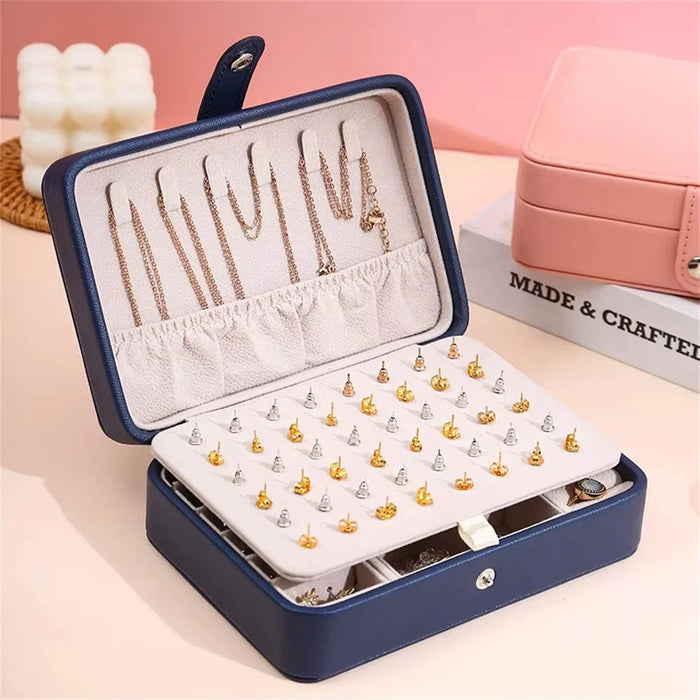Double Layer Jewelry Box Portable Ring Necklace Earrings Organizer PU Leather Storage Case - Navy Blue - 2