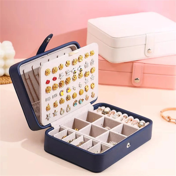 Double Layer Jewelry Box Portable Ring Necklace Earrings Organizer PU Leather Storage Case - Navy Blue - 3