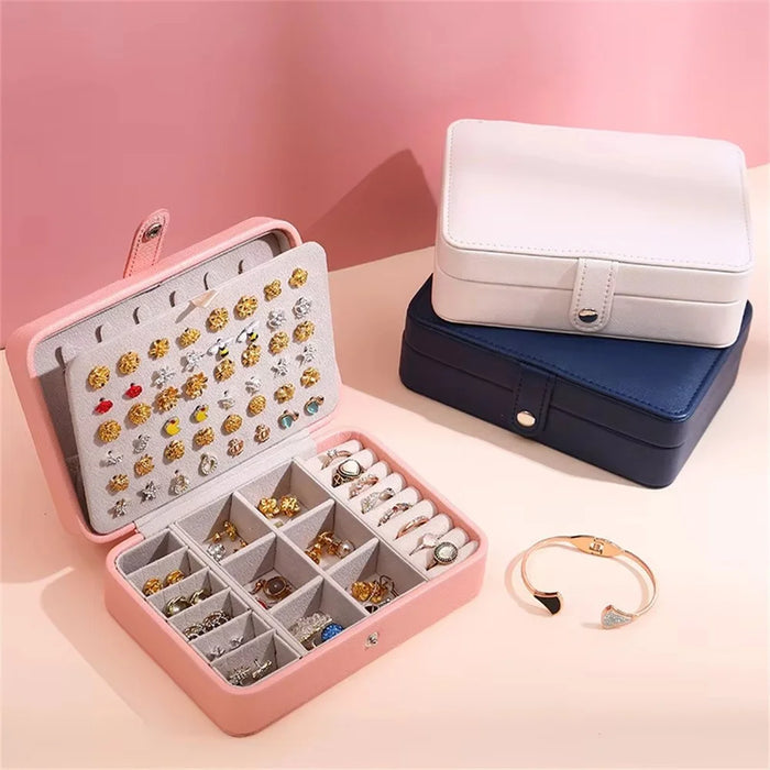 Double Layer Jewelry Box Portable Ring Necklace Earrings Organizer PU Leather Storage Case - Navy Blue - 4