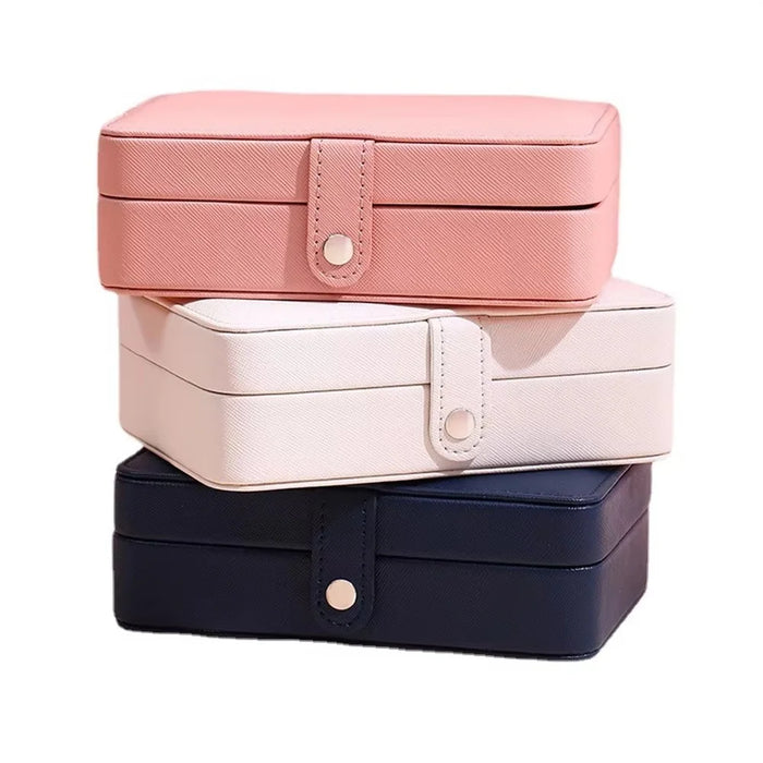Double Layer Jewelry Box Portable Ring Necklace Earrings Organizer PU Leather Storage Case - Navy Blue - 5