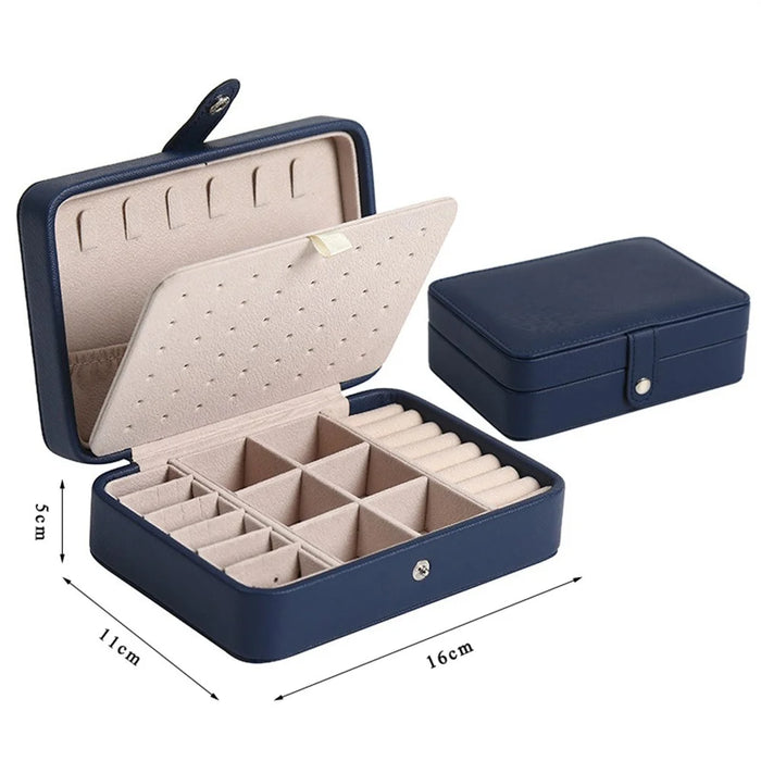 Double Layer Jewelry Box Portable Ring Necklace Earrings Organizer PU Leather Storage Case - Navy Blue - 6