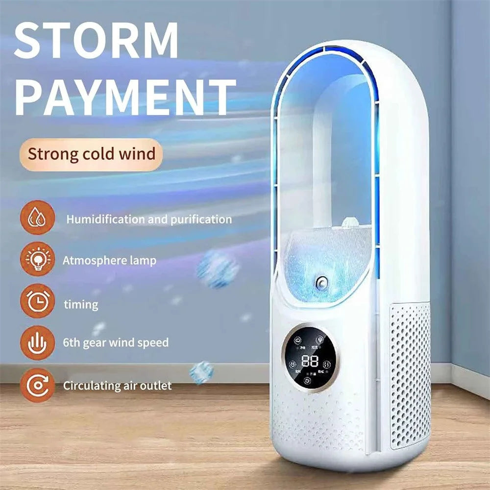 6 Speeds Adjustable Bladeless Fan Desktop USB Air Cooler Humidifier Misting Fan with LED Light - White - 2