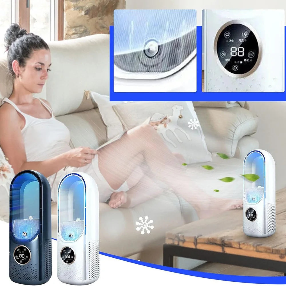 6 Speeds Adjustable Bladeless Fan Desktop USB Air Cooler Humidifier Misting Fan with LED Light - White - 6