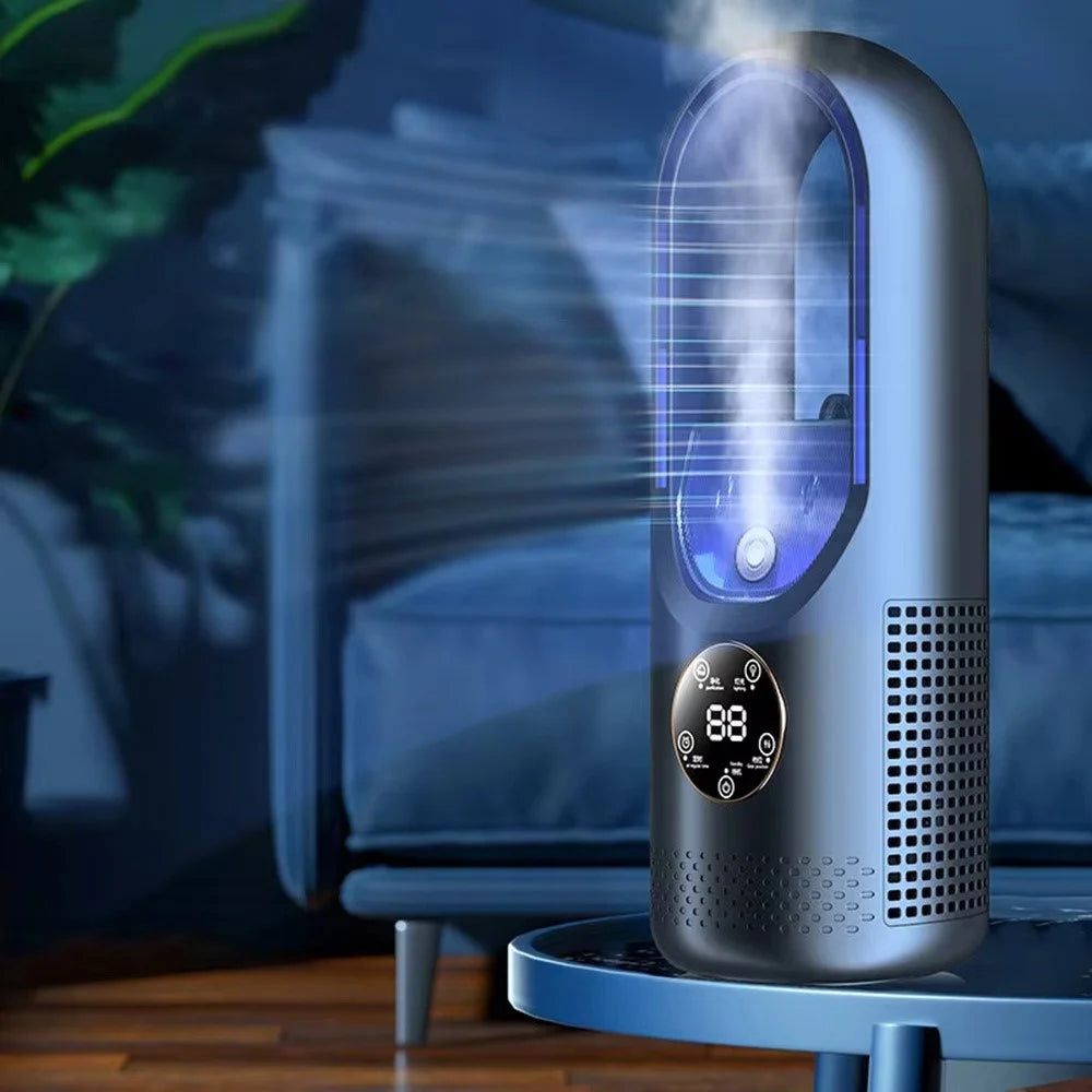 6 Speeds Adjustable Bladeless Fan Desktop USB Air Cooler Humidifier Misting Fan with LED Light - White - 7