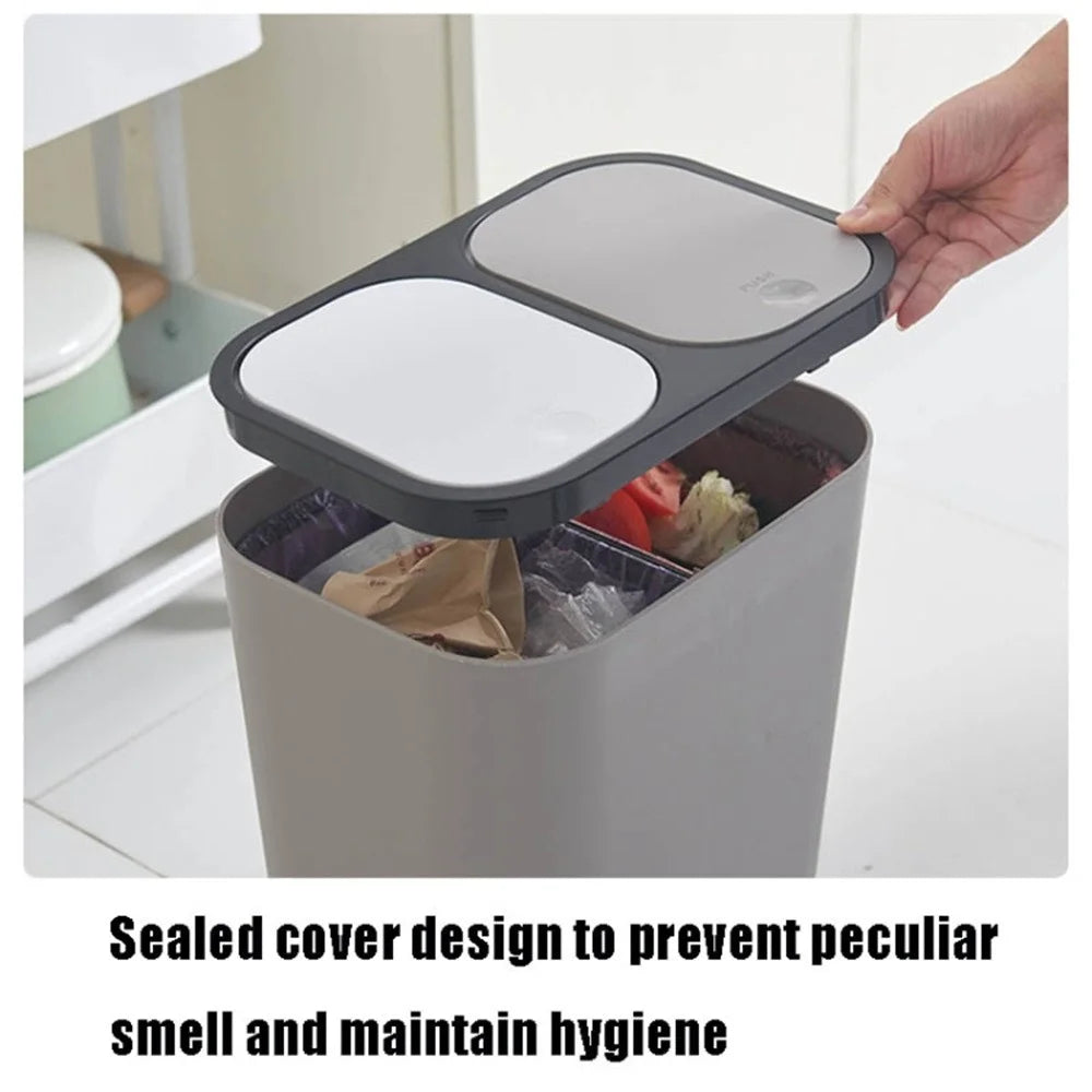 Dual Compartment Rubbish Bin Push-Top Kitchen Dry Wet Classified Waste Garbage Bin for Home Restaurant Bathroom - Blue - 4