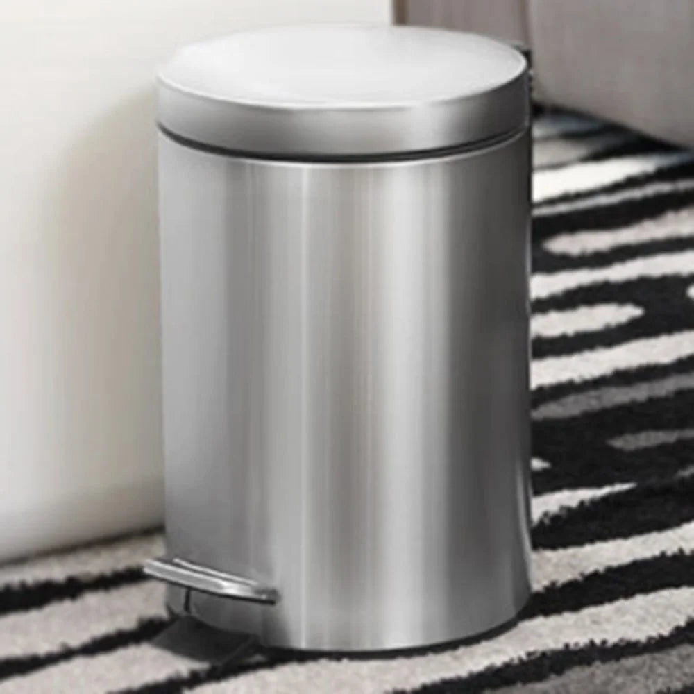 7L Round Stainless Steel Garbage Can Home Hotel Office Stylish Waste Container with Pedal - Steel Color - 1