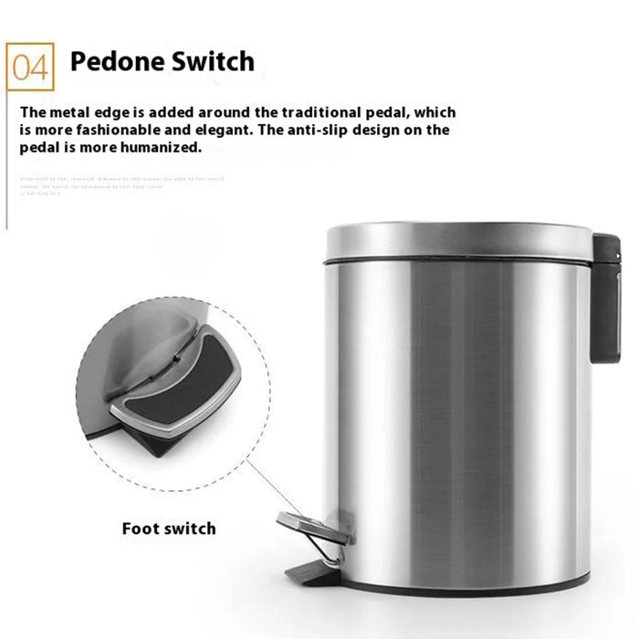 5L Round Stainless Steel Garbage Can Home Hotel Office Stylish Waste Container with Pedal - White - 6