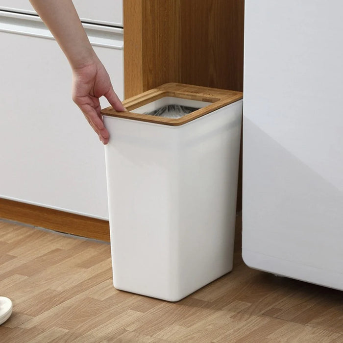 7.5L Bamboo Lid Plastic Trash Can Minimalist Living Room Bedroom Bathroom Kitchen Waste Bin - 4