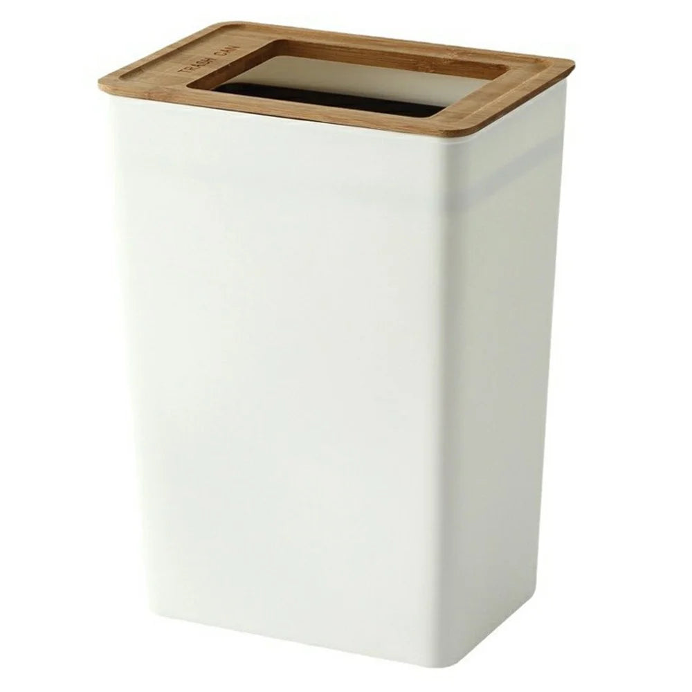 9L Bamboo Lid Plastic Trash Can Minimalist Living Room Bedroom Bathroom Kitchen Waste Bin - 1