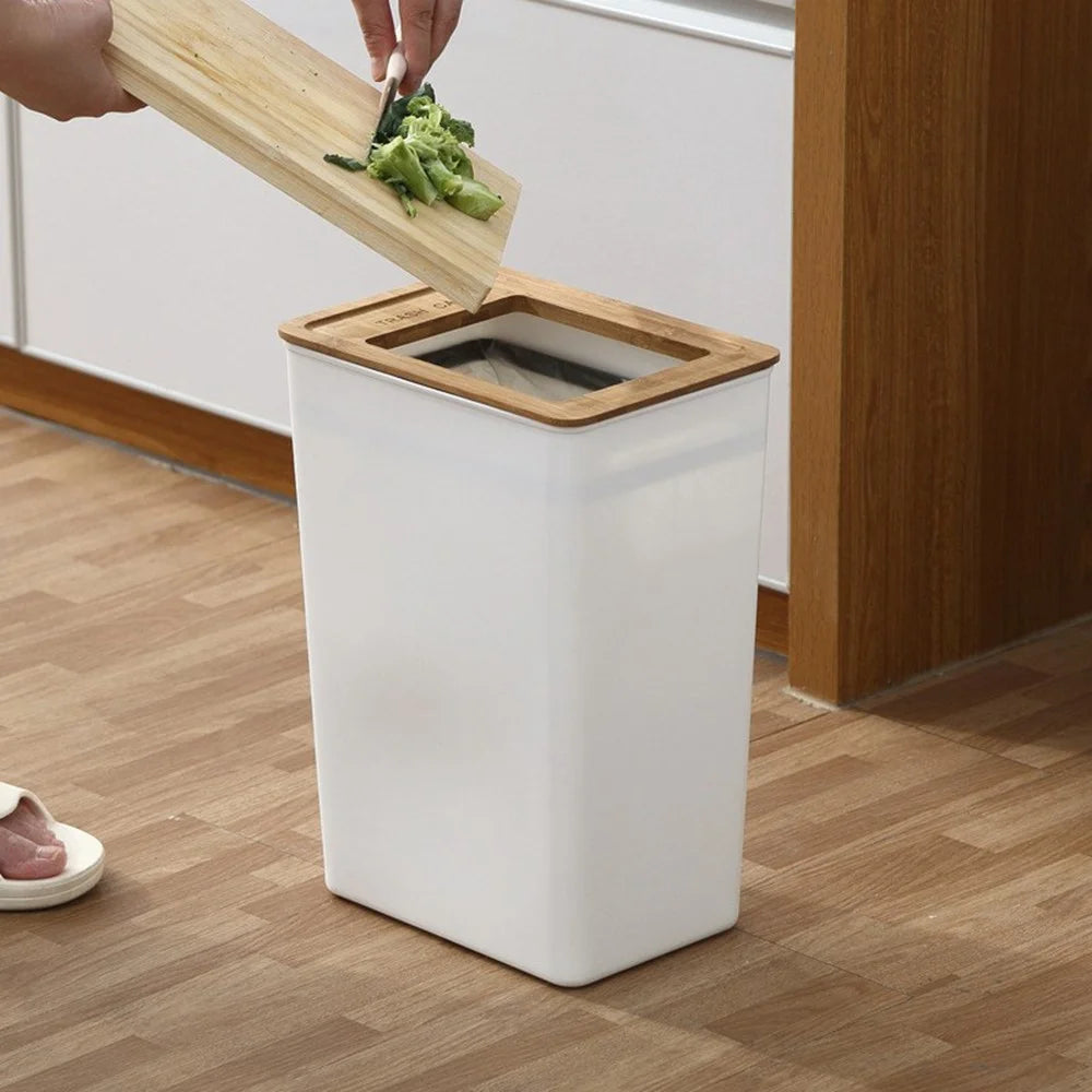 9L Bamboo Lid Plastic Trash Can Minimalist Living Room Bedroom Bathroom Kitchen Waste Bin - 2