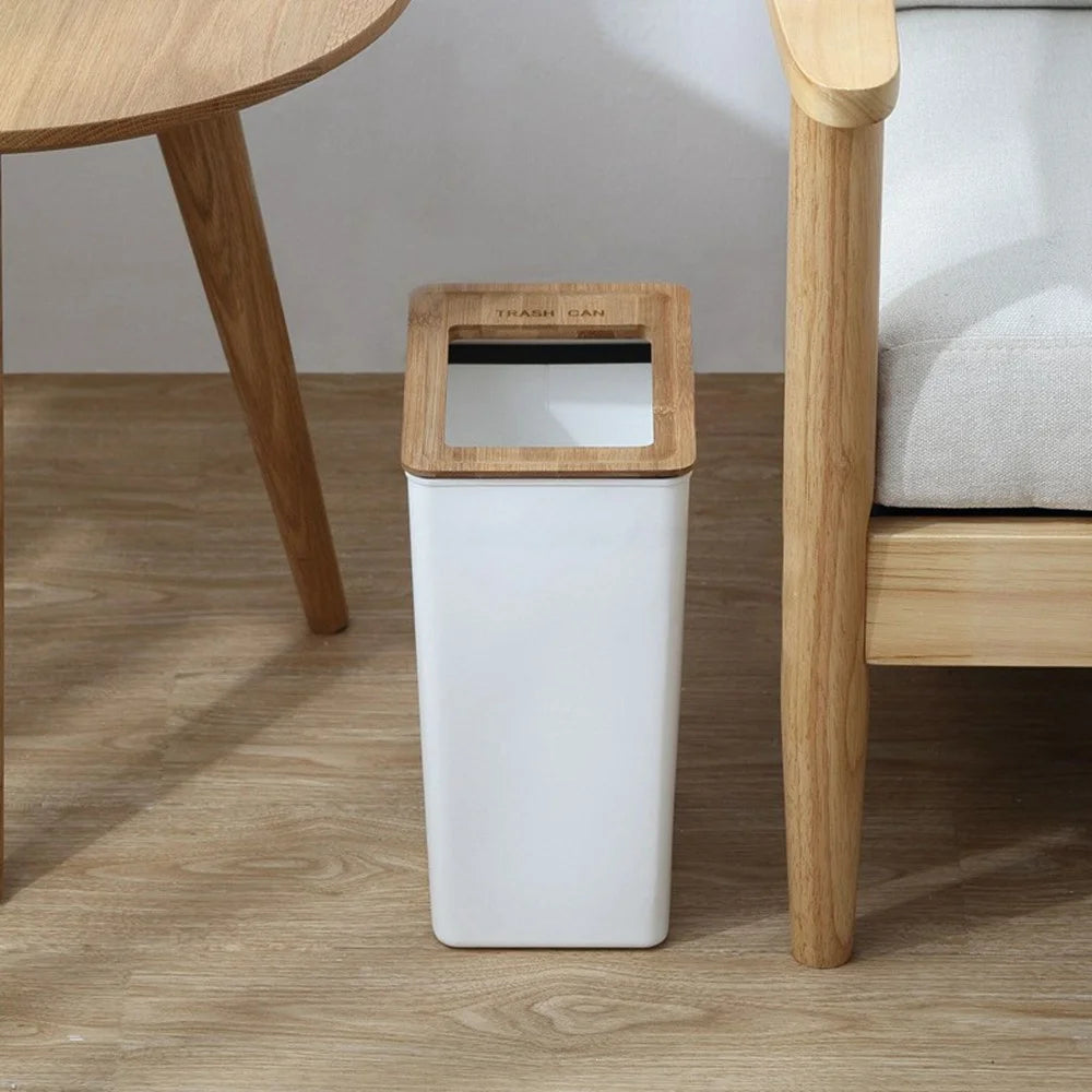 9L Bamboo Lid Plastic Trash Can Minimalist Living Room Bedroom Bathroom Kitchen Waste Bin - 6