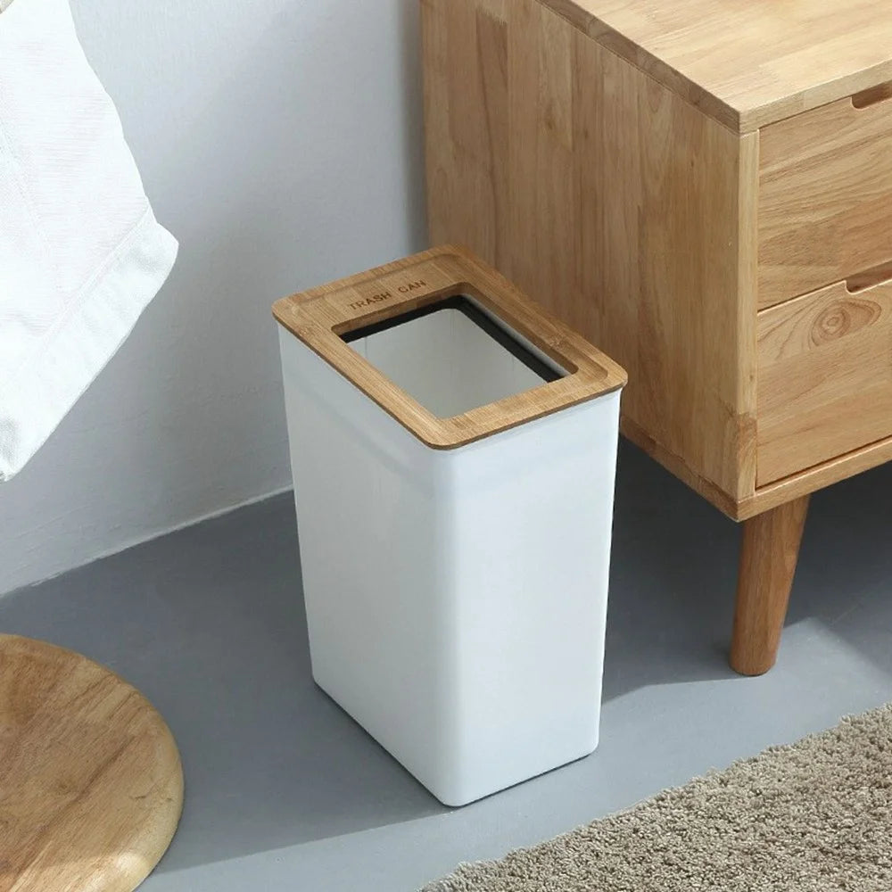 9L Bamboo Lid Plastic Trash Can Minimalist Living Room Bedroom Bathroom Kitchen Waste Bin - 7