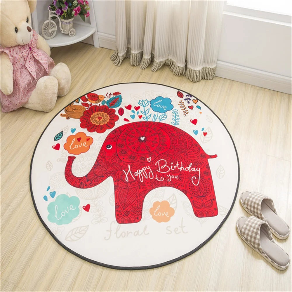 Cartoon Round Carpet Absorbent Floor Mat Diameter 100cm Non-Slip Polyester Rug - Red Elephant - 2