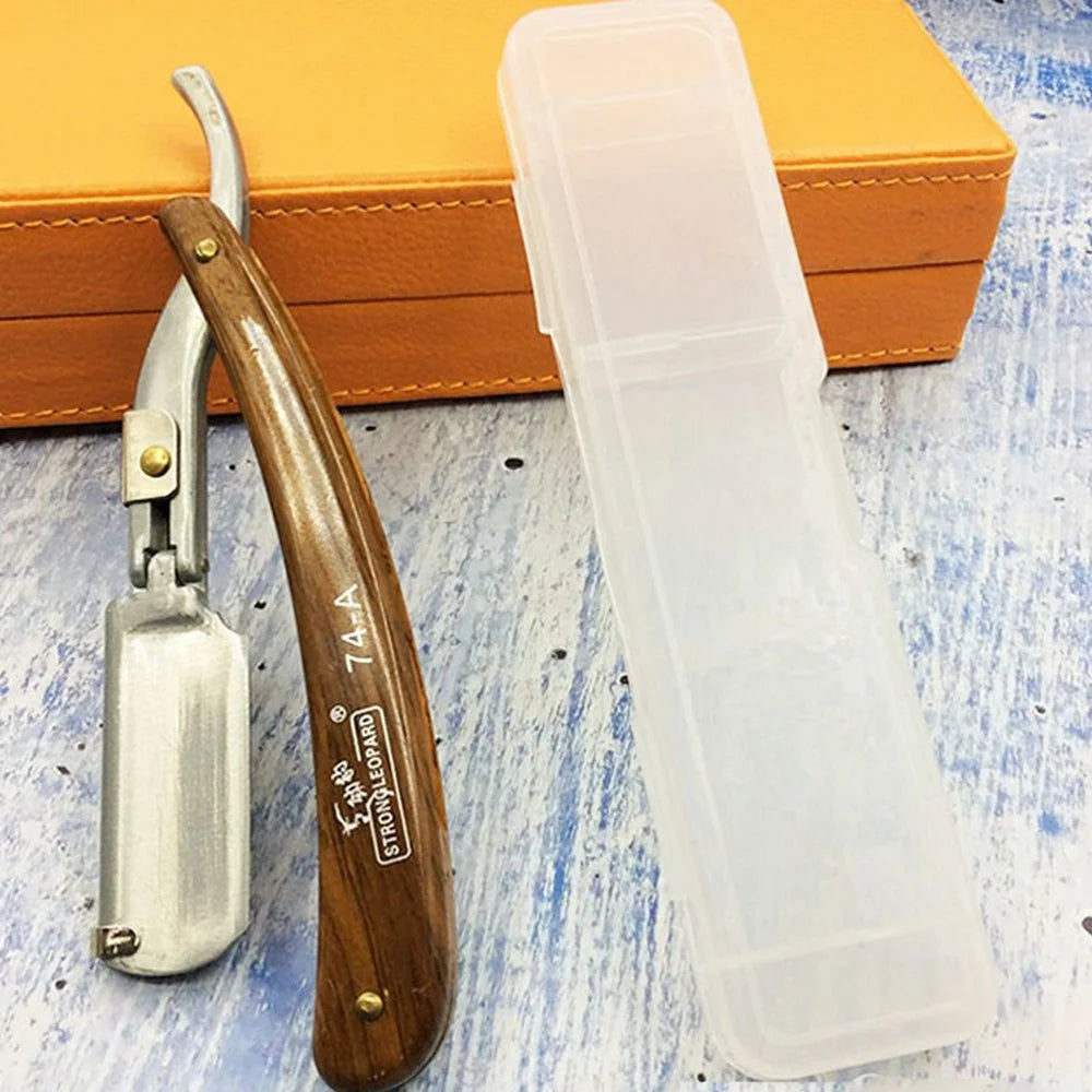 Men's Manual Hair Cutting Razor Folding Handle Barber Shaver Face Trimmer - Wood Grain Handle - 1