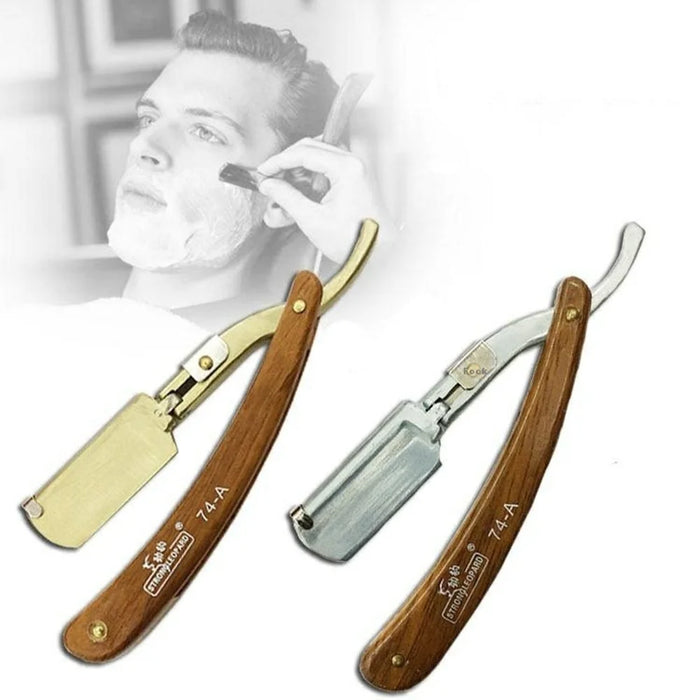 Men's Manual Hair Cutting Razor Folding Handle Barber Shaver Face Trimmer - Wood Grain Handle - 2