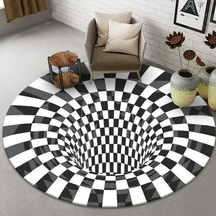 3D Optical Illusion Round Carpets 100cm Diameter Rugs Black White Spiral Vortex Design Living Room Mat - Style 4 - 1