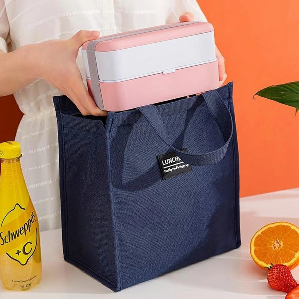 20x23x13cm Insulated Lunch Bag Work School Aluminum Foil Aluminum Cloth Bento Carrier Tote Bag - Navy Blue - 2
