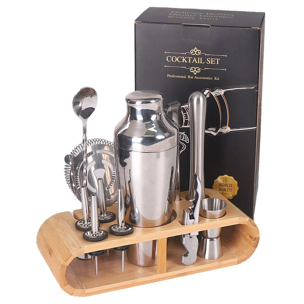 12 in 1 Cocktail Shaker Set Stainless Steel 700ML Bartender Mixer Bar Tools Kit with Bamboo Stand (BPA Free, No FDA) - 1