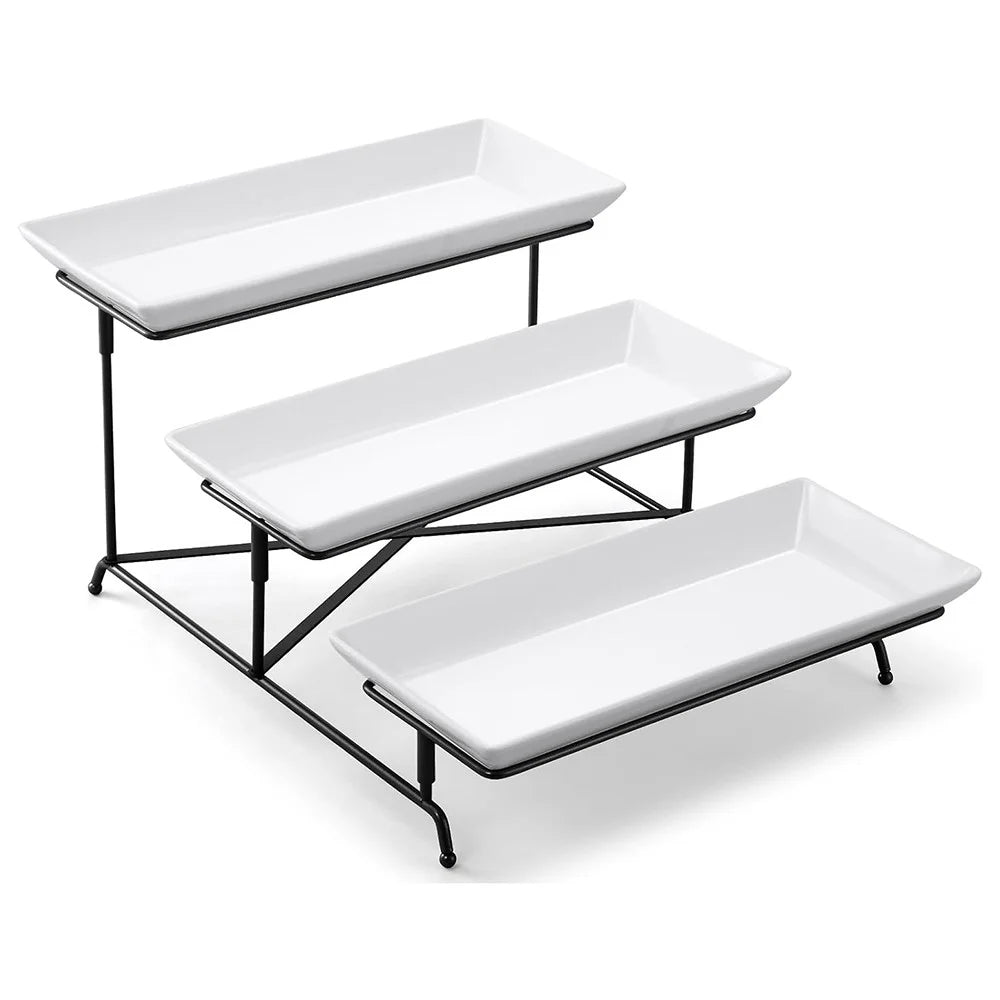 Three Tiers Detachable Fruit Display Shelf Ceramic Serving Platter for Desserts Cakes Candies - Black - 1